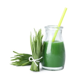 Photo of Bottle of wheat grass juice and sprouts on white background