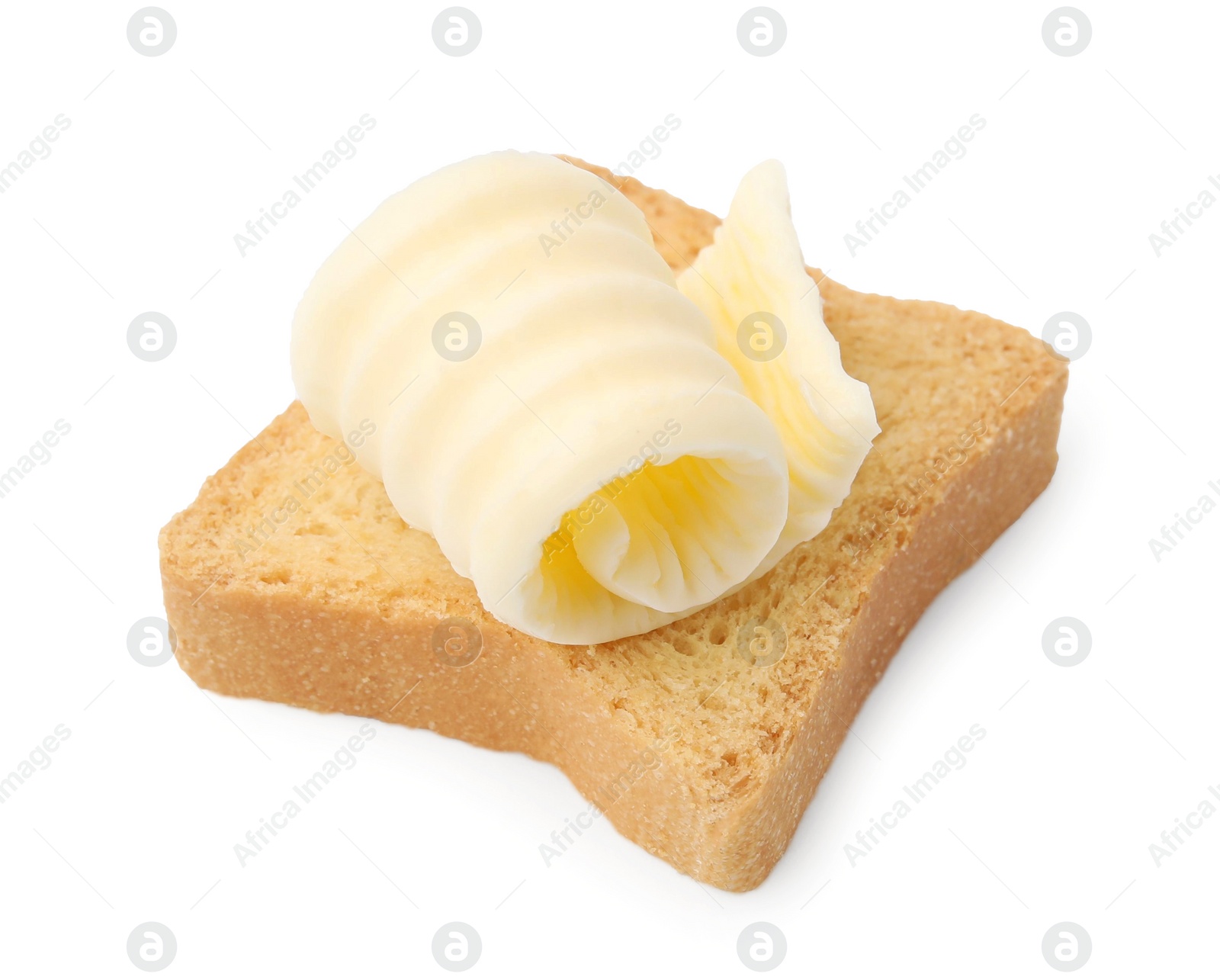 Photo of Tasty butter curl and piece of dry bread isolated on white