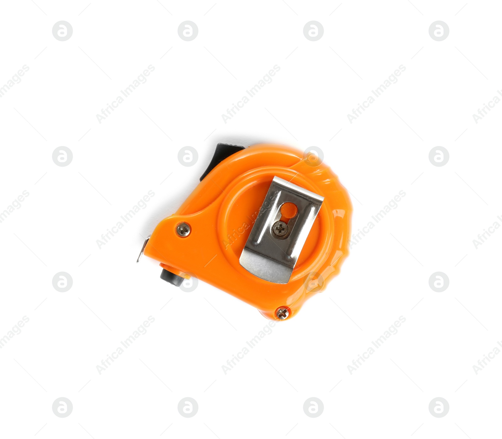 Photo of New measuring tape on white background, top view. Construction tools