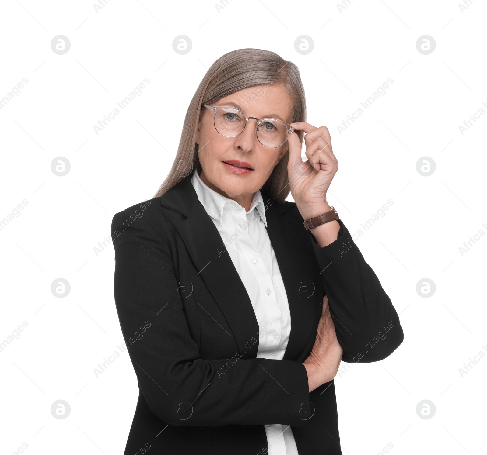 Photo of Portrait of confident woman in glasses on white background. Lawyer, businesswoman, accountant or manager