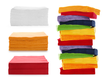 Image of Set with colorful paper napkins on white background