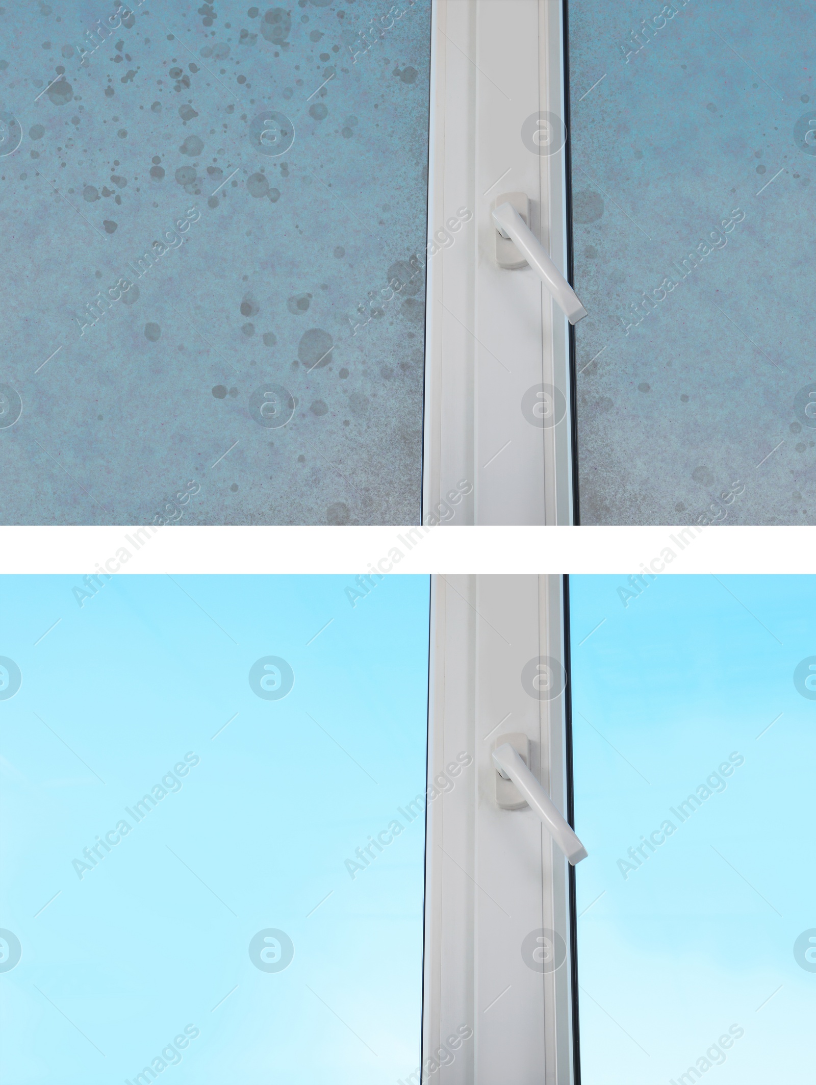 Image of Collage with photos of window before and after cleaning indoors