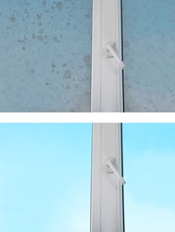 Image of Collage with photos of window before and after cleaning indoors