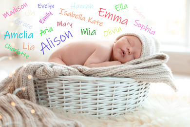Image of Choosing name for baby girl. Adorable newborn sleeping