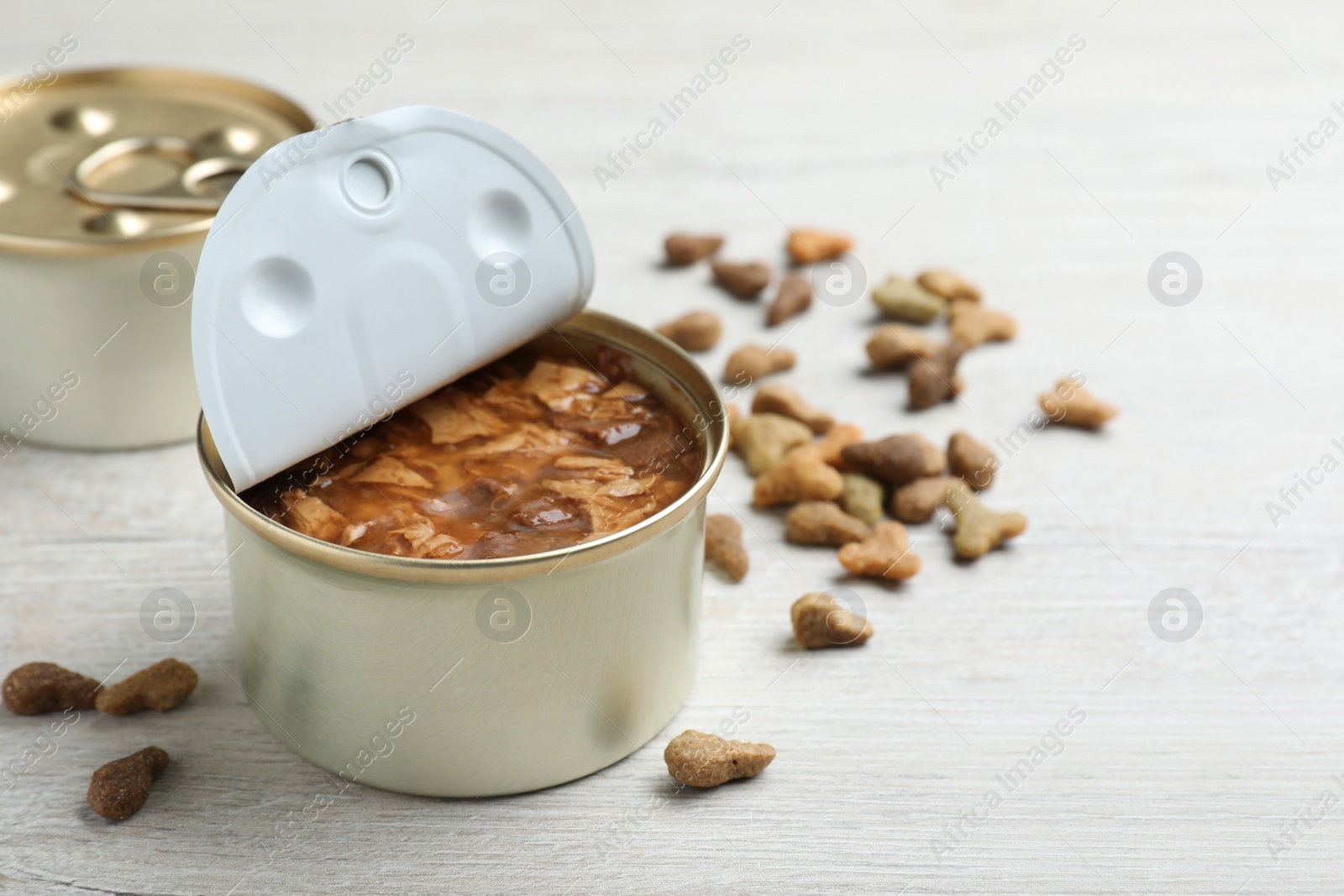 Photo of Wet and dry pet food on white wooden table. Space for text