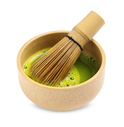Cup of fresh matcha tea with bamboo whisk isolated on white