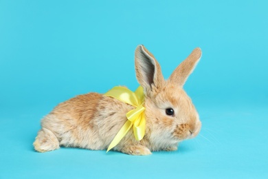 Photo of Adorable furry Easter bunny with cute bow tie on color background