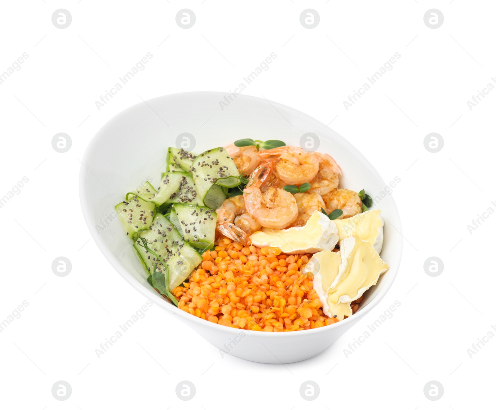 Photo of Delicious lentil bowl with shrimps, soft cheese and cucumber on white background