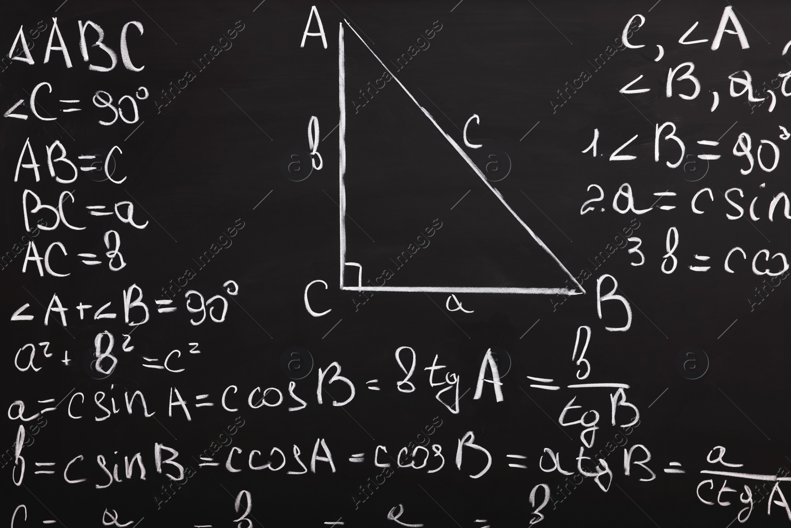 Photo of Different mathematical formulas written with chalk on blackboard