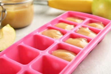 Photo of Ice cube tray with healthy baby food on table
