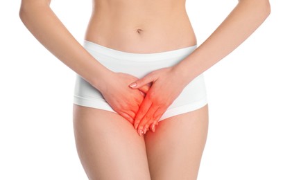 Image of Woman suffering from vaginal yeast infection on white background, closeup