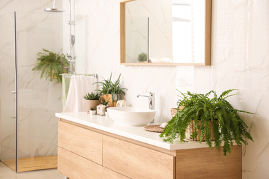 Stylish bathroom interior with countertop, shower stall and houseplants. Design idea