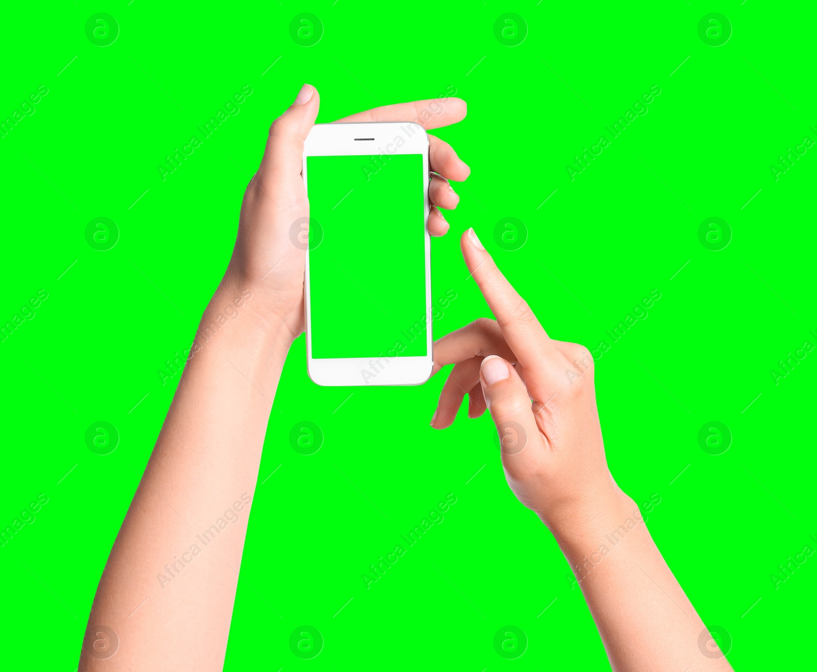 Image of Young woman holding smartphone with green screen on color background, closeup. Mockup for design