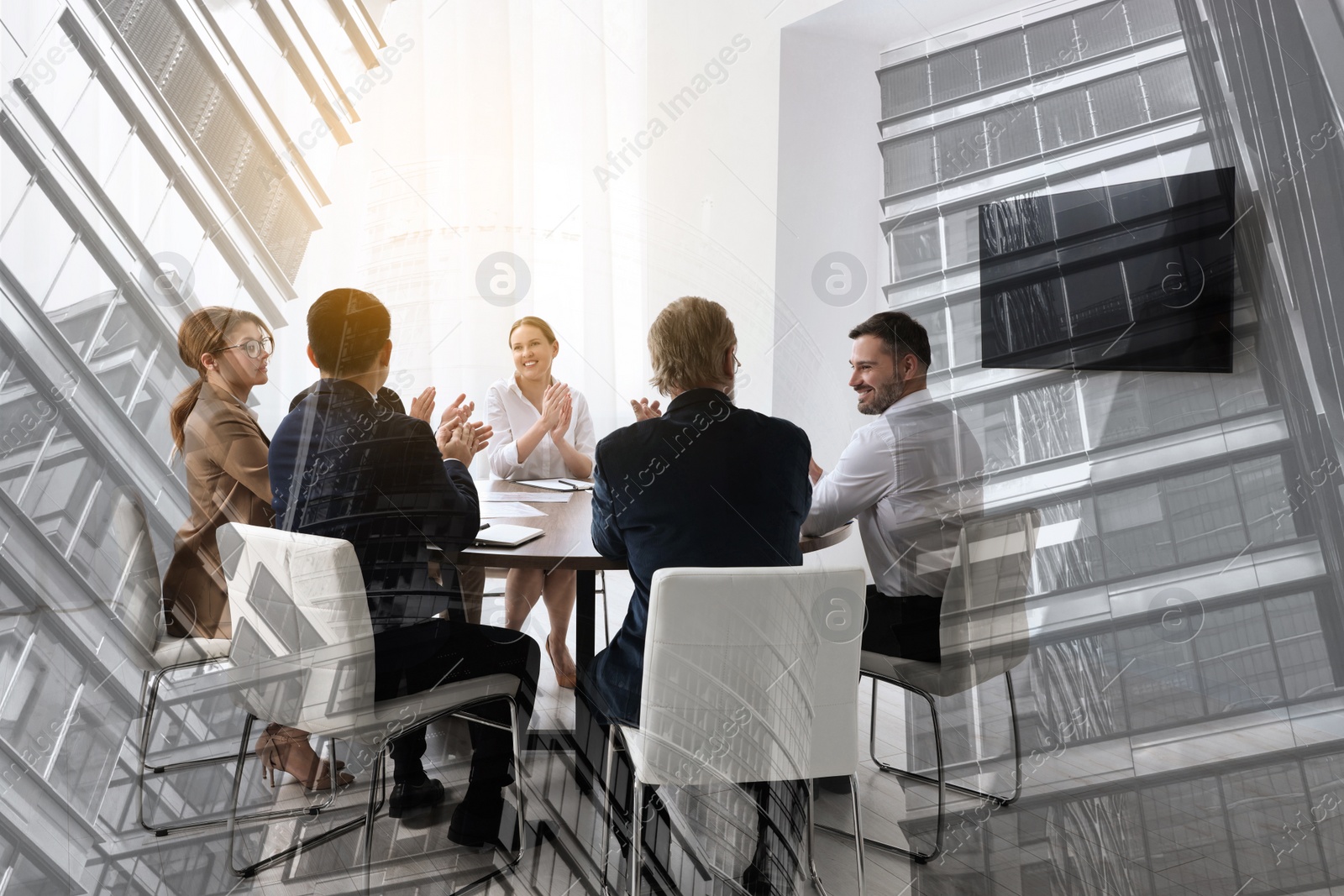 Image of Partnership, cooperation, collaboration. Double exposure of buildings and people in meeting room