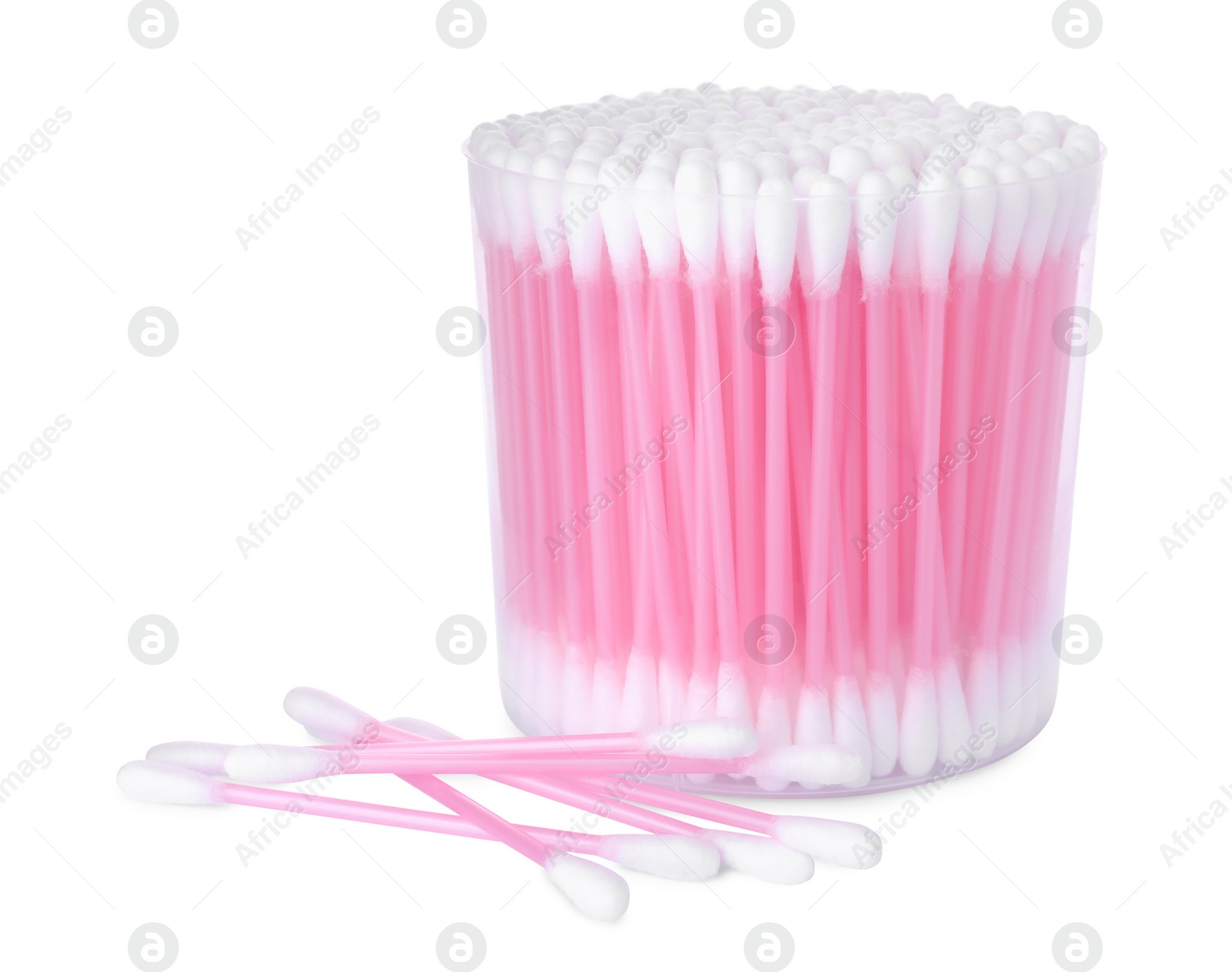 Photo of Cotton buds in plastic container isolated on white