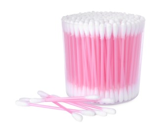 Photo of Cotton buds in plastic container isolated on white