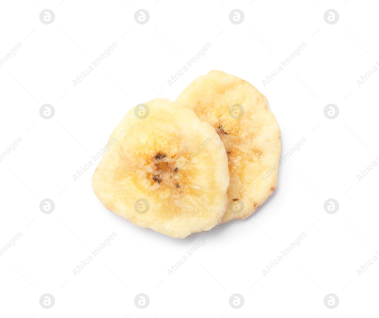 Photo of Sweet banana slices on white background. Dried fruit as healthy snack