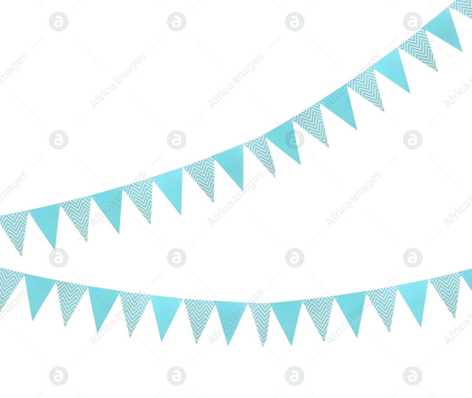 Image of Light blue triangular bunting flags on white background. Festive decor