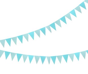 Image of Light blue triangular bunting flags on white background. Festive decor