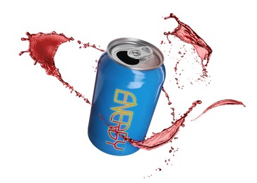 Image of Can of energy drink with splashes on white background