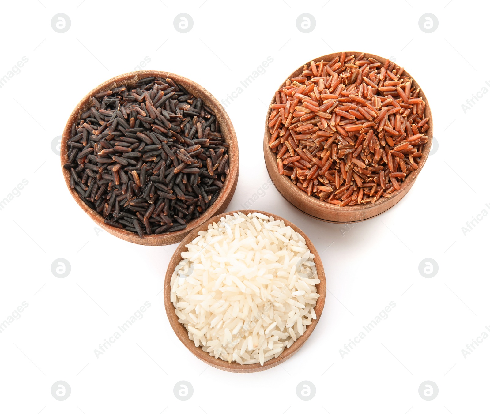 Photo of Bowls with different types of rice on white background, top view