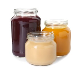 Baby food. Different healthy puree in jars isolated on white