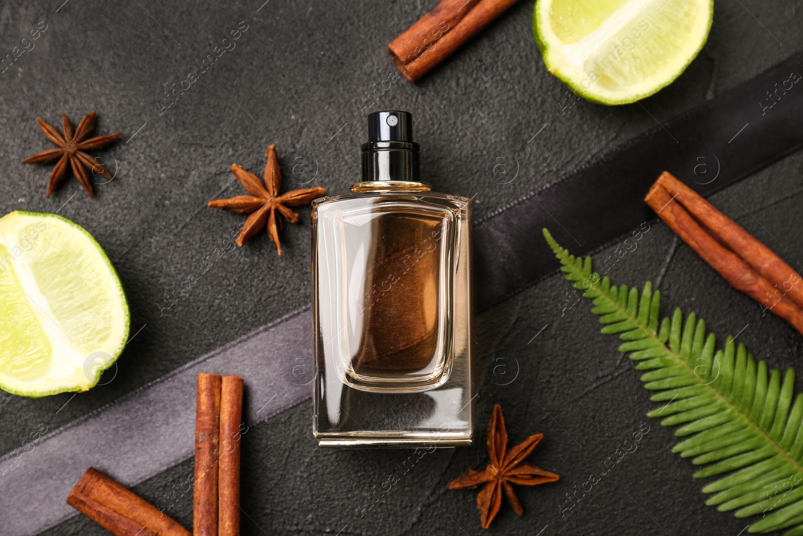 Photo of Beautiful composition with bottle of perfume on dark background, flat lay