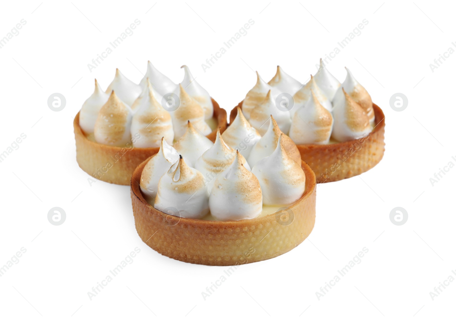 Photo of Tartlets with lemon curd and meringue isolated on white. Delicious dessert