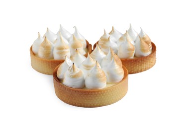 Photo of Tartlets with lemon curd and meringue isolated on white. Delicious dessert