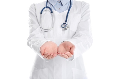 Photo of Female doctor showing open hands on white background, closeup