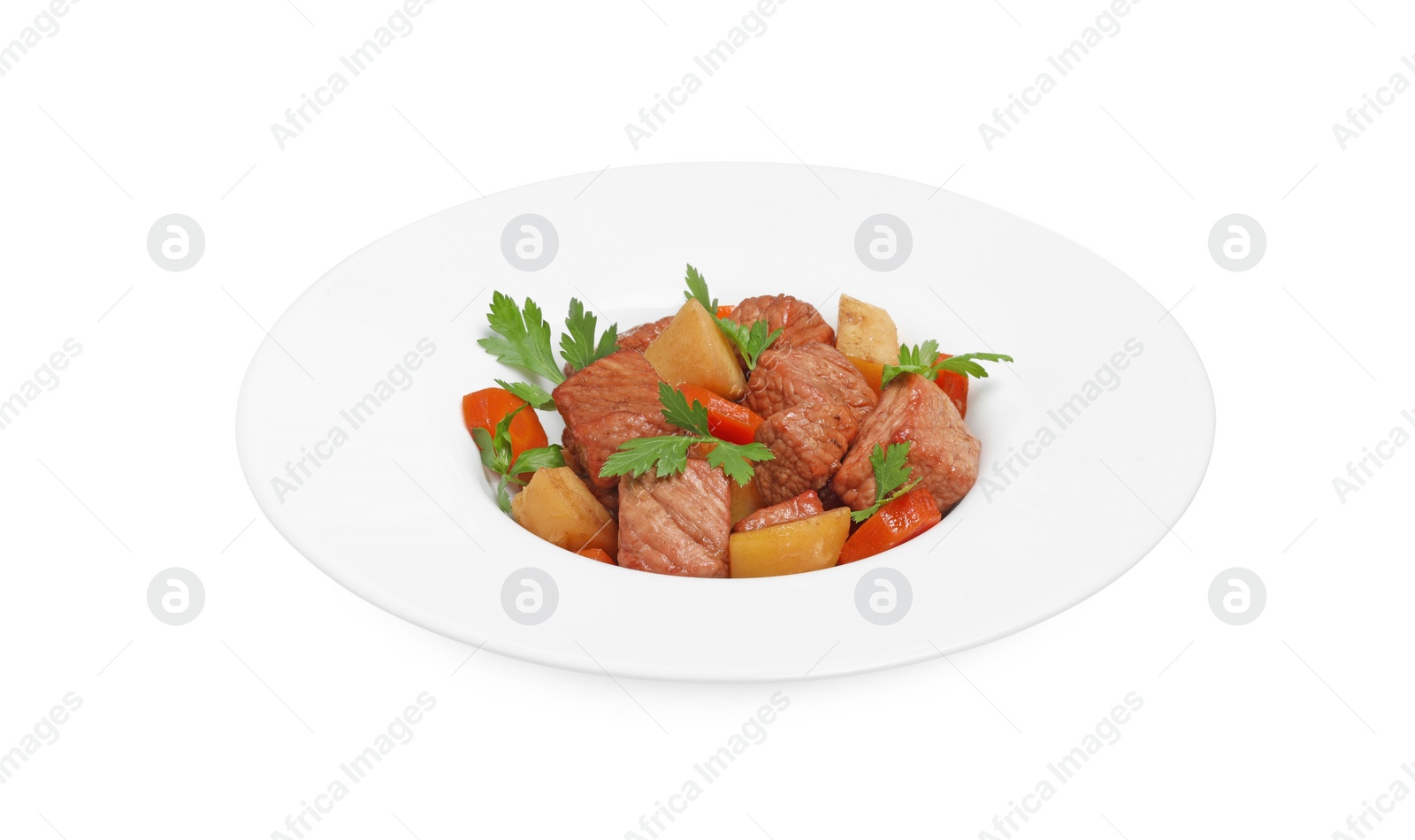 Photo of Plate with delicious goulash isolated on white