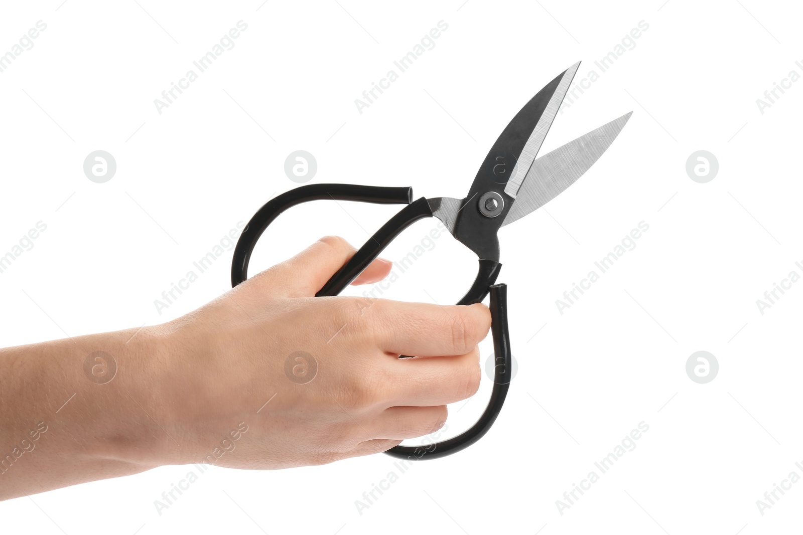 Photo of Woman holding scissors on white background, closeup