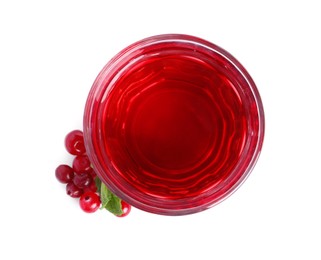 Photo of Tasty cranberry juice in glass, fresh berries and mint isolated on white, top view