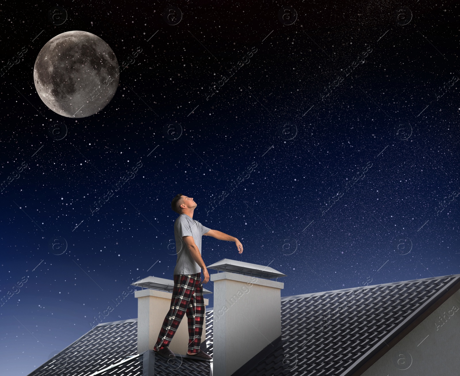 Image of Sleepwalker wearing pajamas on roof in night