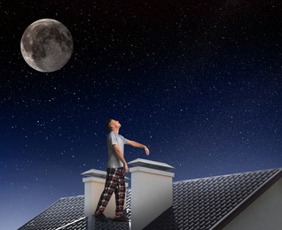 Sleepwalker wearing pajamas on roof in night