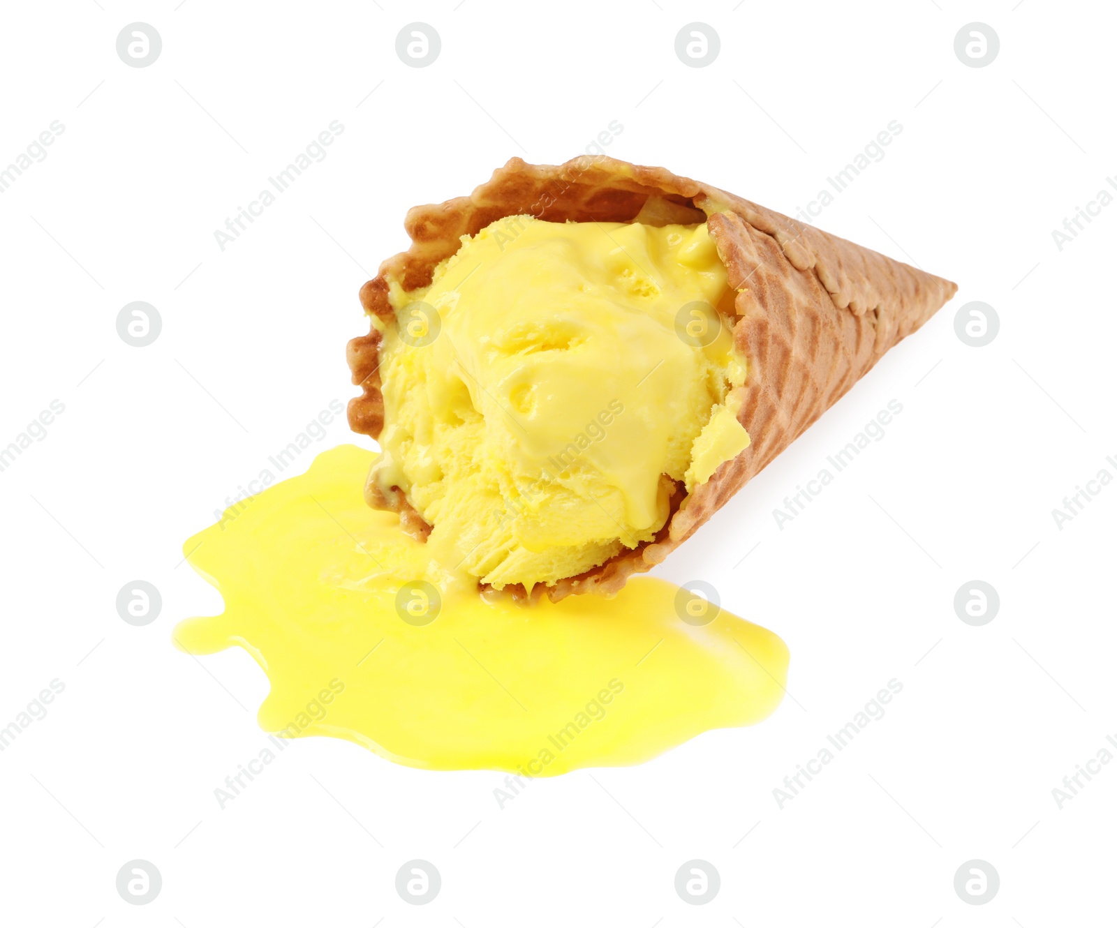 Photo of Melting ice cream in wafer cone isolated on white