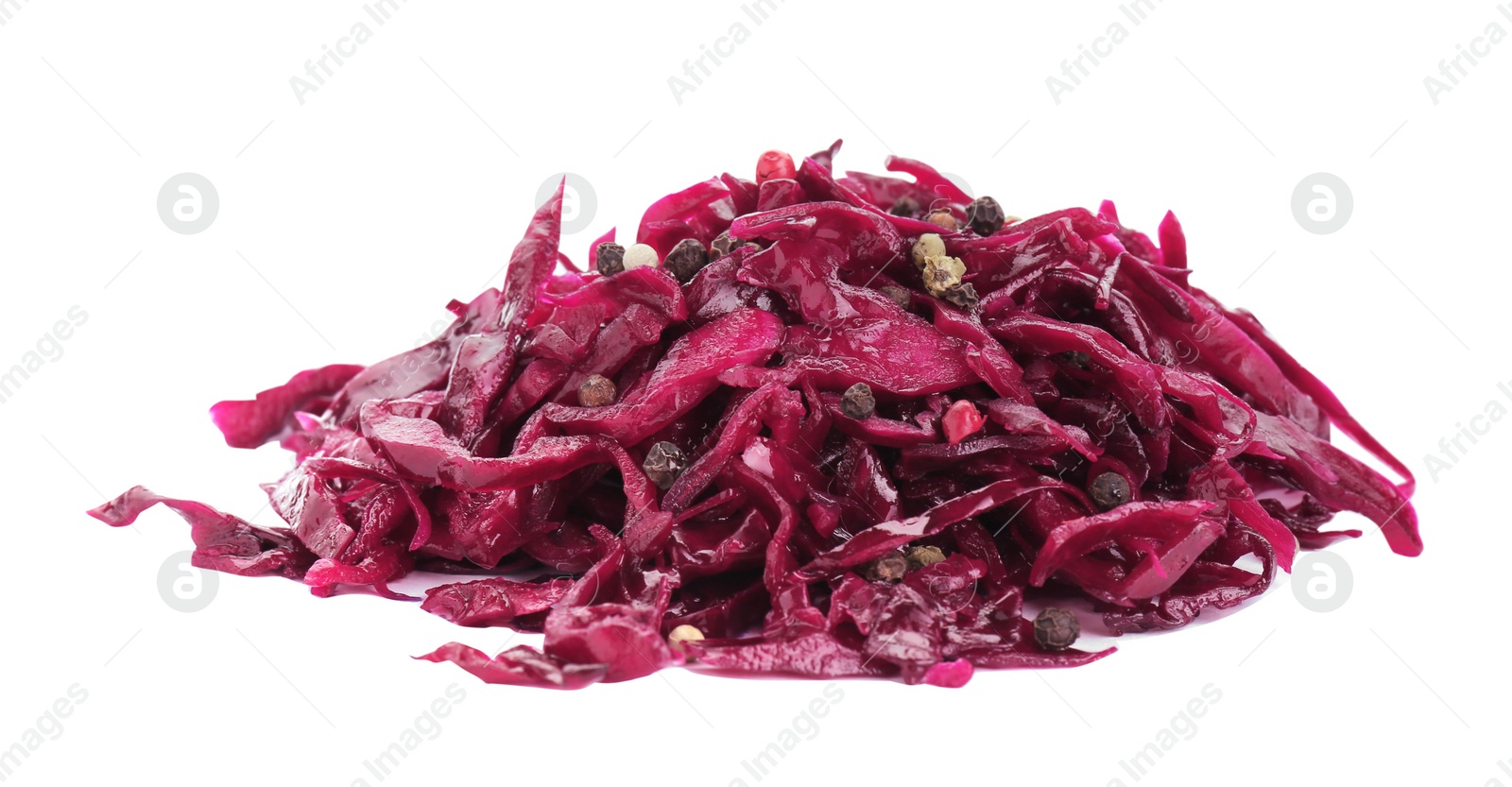 Photo of Pile of tasty red cabbage sauerkraut with spices isolated on white