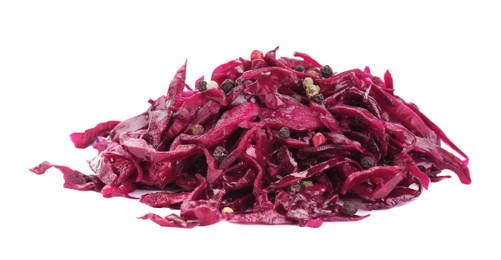 Photo of Pile of tasty red cabbage sauerkraut with spices isolated on white