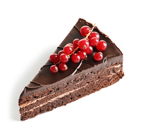 Photo of Piece of tasty homemade chocolate cake with berries on white background