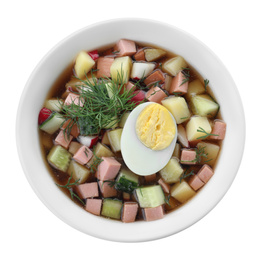 Delicious cold okroshka with kvass isolated on white, top view. Traditional Russian summer soup