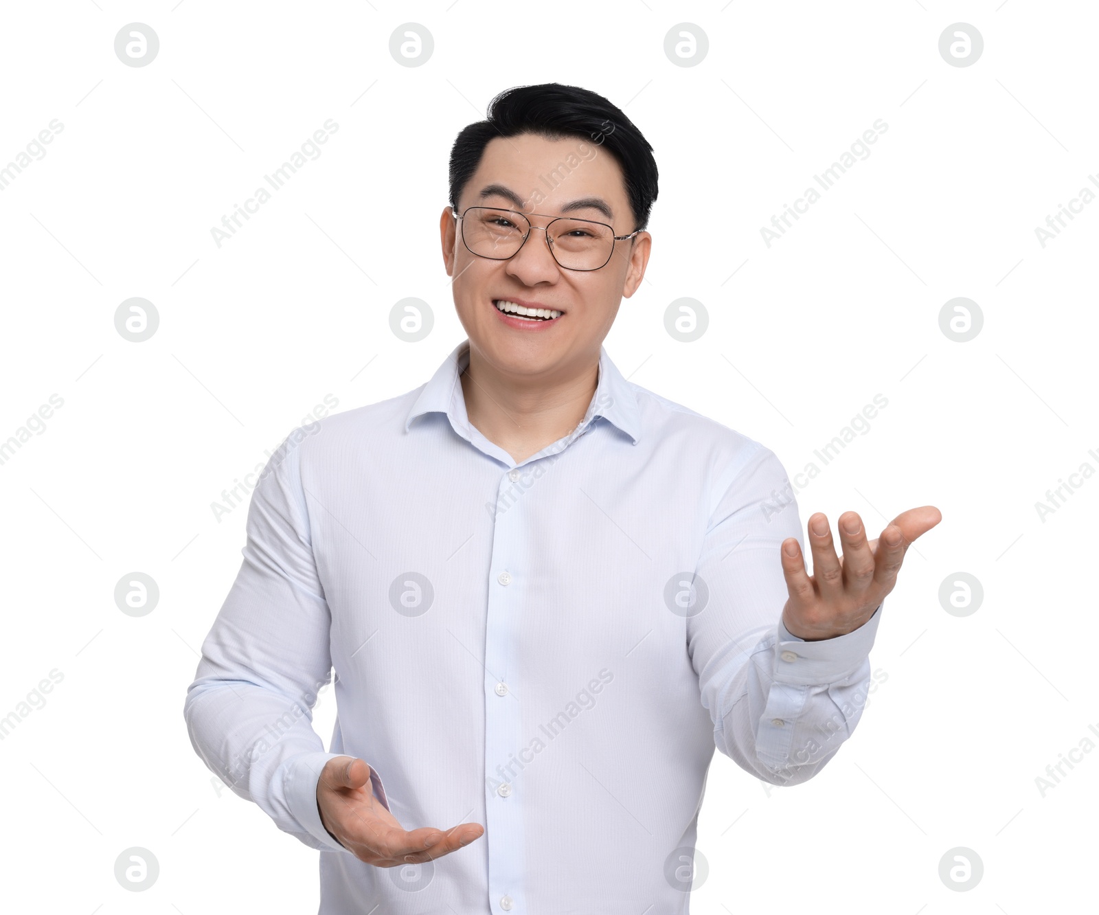 Photo of Businessman in formal clothes wearing glasses on white background