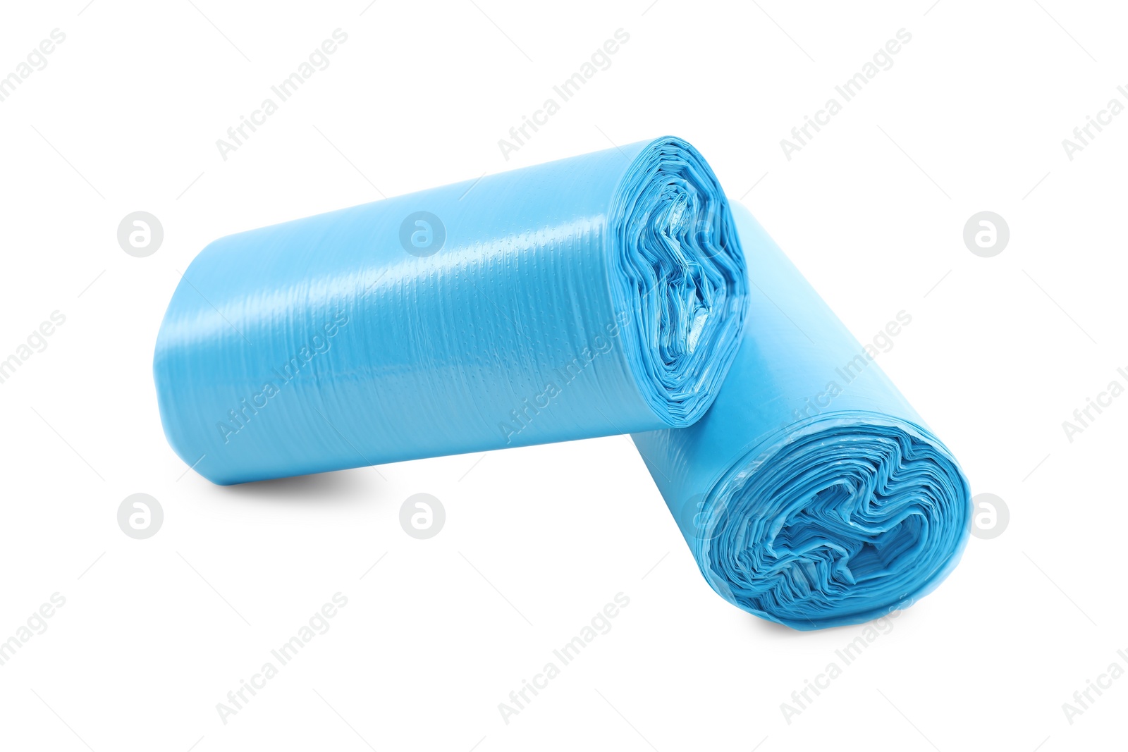 Photo of Two rolls of light blue garbage bags isolated on white