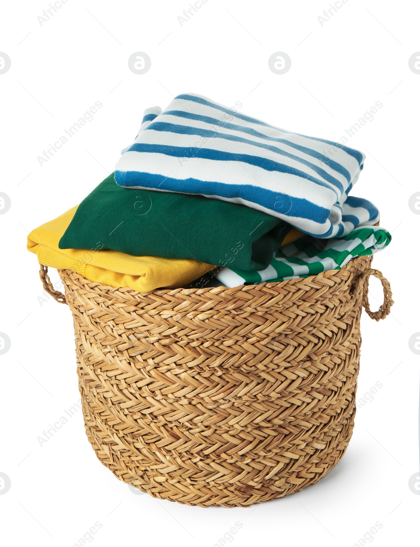 Photo of Wicker laundry basket with clean clothes isolated on white