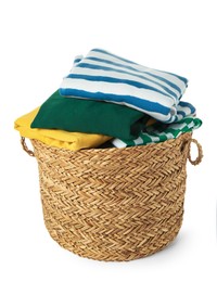 Wicker laundry basket with clean clothes isolated on white