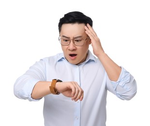 Photo of Shocked businessman looking at watch on white background