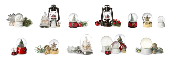 Image of Set of different beautiful snow globes on isolated on white. Banner design