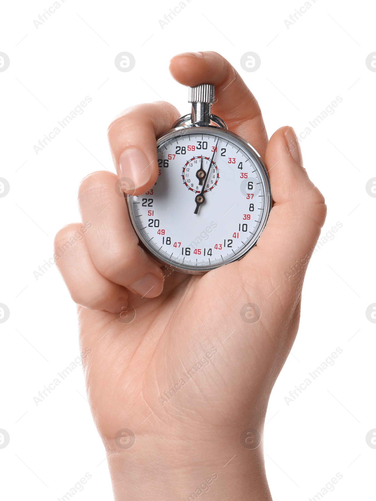 Photo of Woman holding vintage timer on white background, closeup