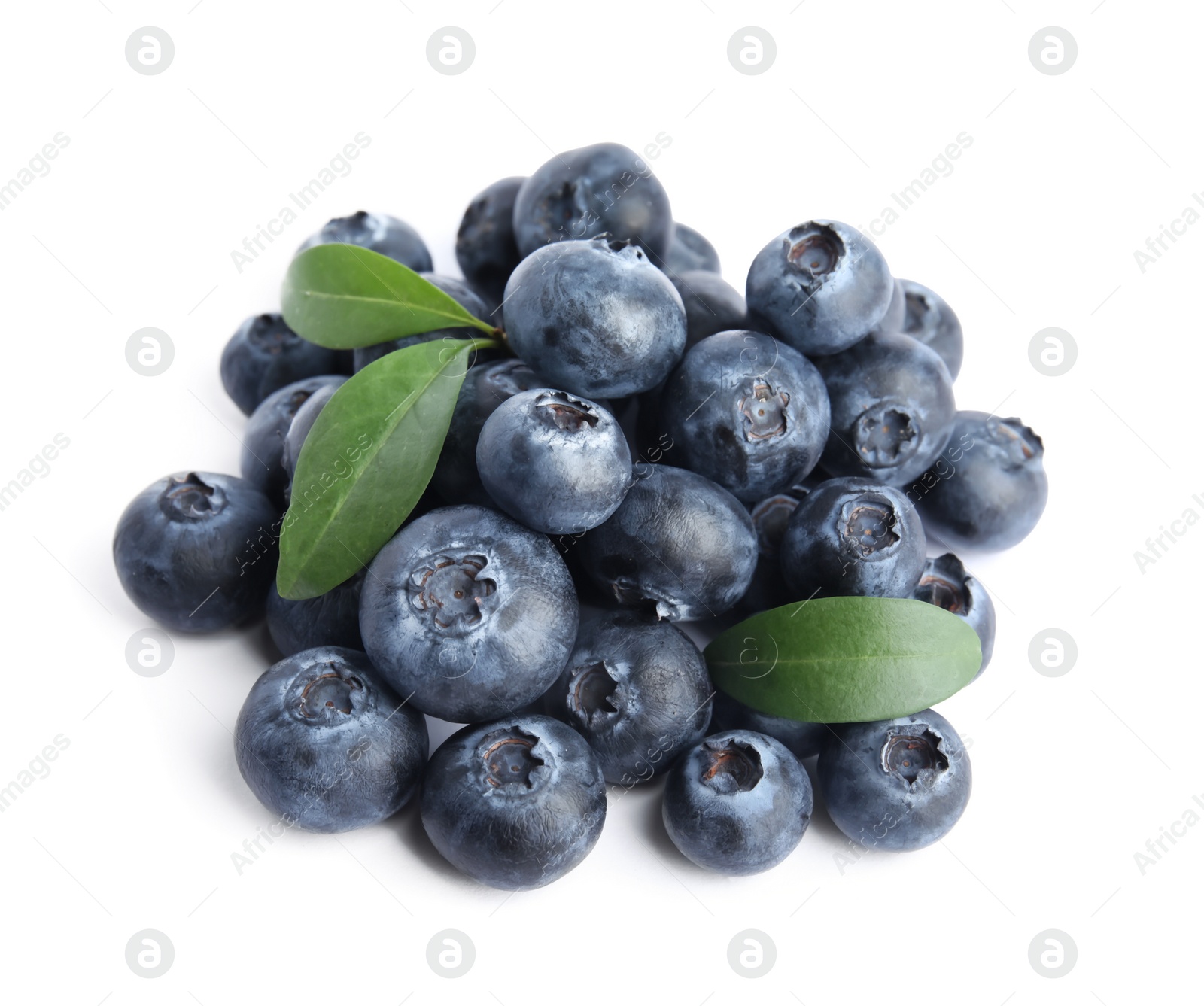 Photo of Fresh ripe blueberries with leaves on white background