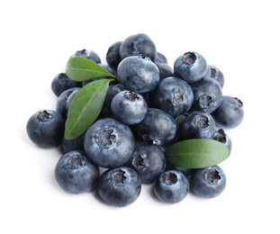 Fresh ripe blueberries with leaves on white background