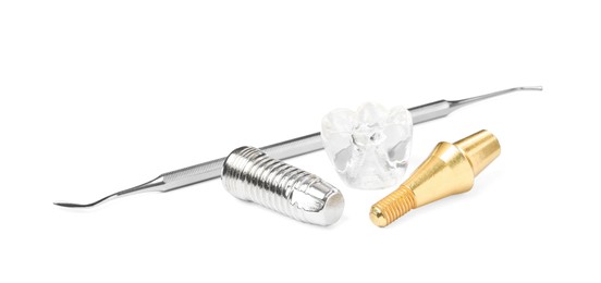 Parts of dental implant and medical tool on white background